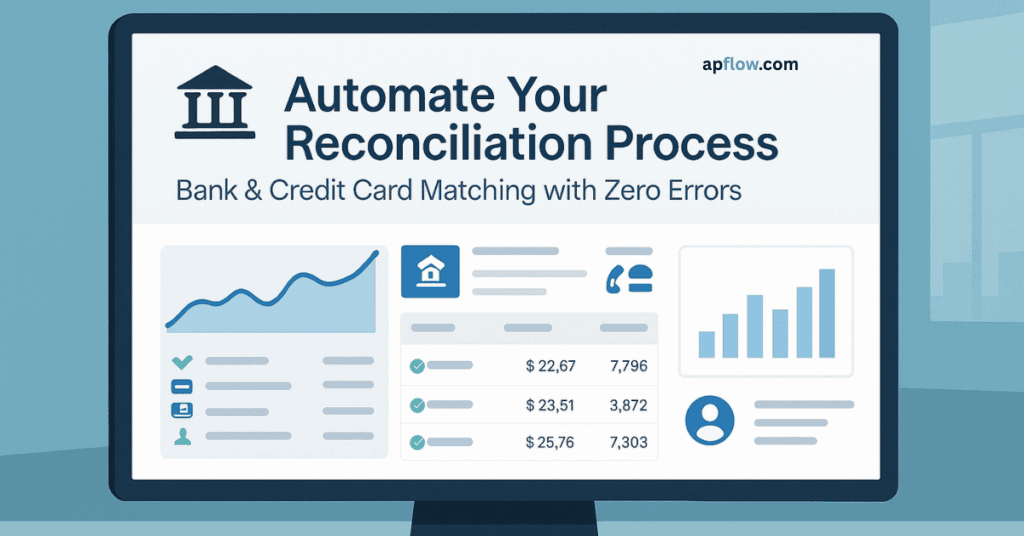 Illustration of a financial dashboard promoting automated bank and credit card reconciliation, showing graphs, charts, and transaction summaries on a computer screen