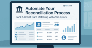 Illustration of a financial dashboard promoting automated bank and credit card reconciliation, showing graphs, charts, and transaction summaries on a computer screen