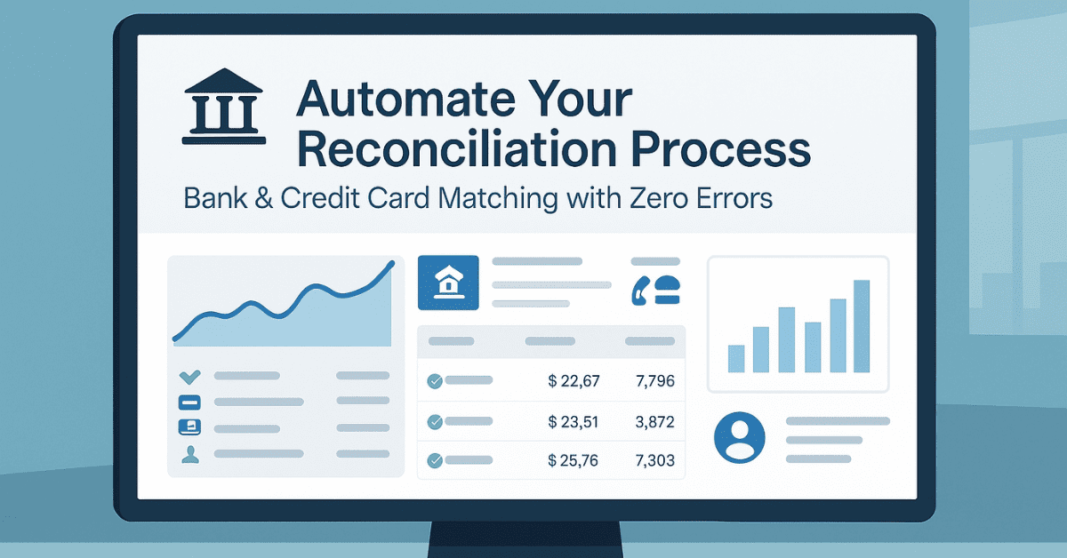 Illustration of a financial dashboard promoting automated bank and credit card reconciliation, showing graphs, charts, and transaction summaries on a computer screen